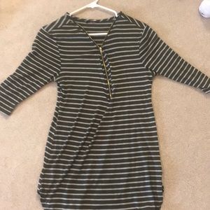 Striped olive green long shirt with zipper